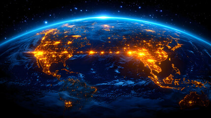 Obraz premium Earth at Night Shows Illuminated Cities and Continents from Space, a Breathtaking View