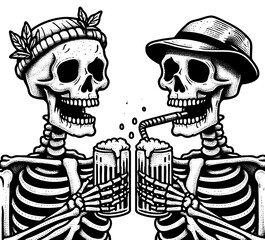 skeletons toasting beer mugs, featuring unique hats and humorous expressions, celebrating life sketch engraving generative ai PNG illustration. Scratch board imitation. Black and white image.