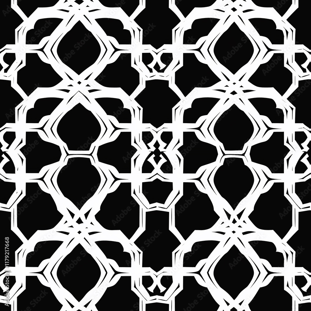 Poster abstract white geometric pattern on a black background, featuring interlocking shapes and intricate 