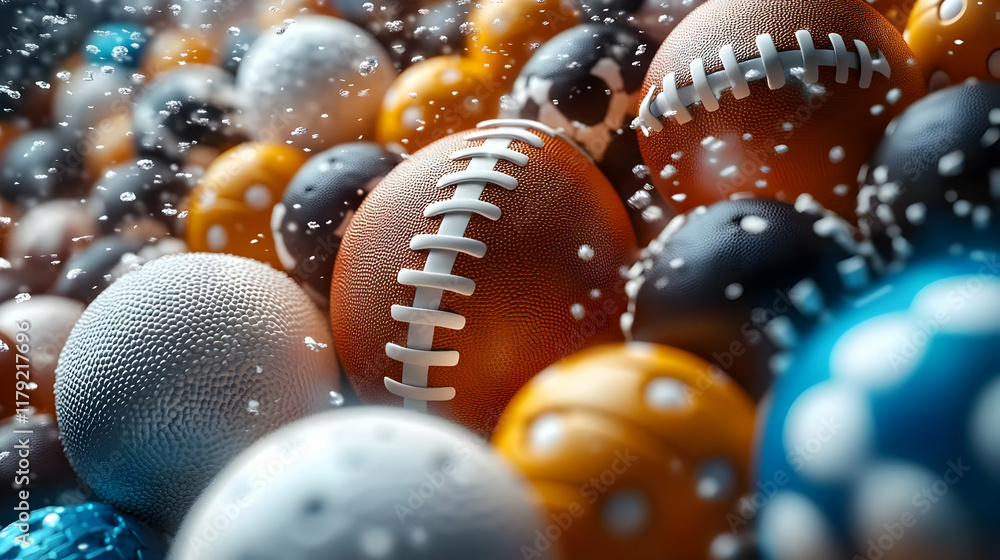 Poster footballs and colorful spheres merge dynamically in a 3d abstract illustration