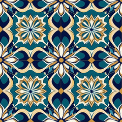 Vibrant geometric pattern featuring floral motifs in teal, cream, and gold tones, perfect for textiles or home decor.
