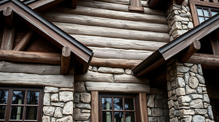 Close-up view of a rustic log cabin exterior. Features include horizontally stacked logs, stonework accents, and dark brown wooden eaves. Windows with dark frames are partially visible.