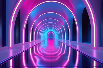 Obraz premium stock photo features a futuristic, empty 3D room with a white background, neon lighting, and a modern interior design, creating a sleek and abstract space technology tunnel stage