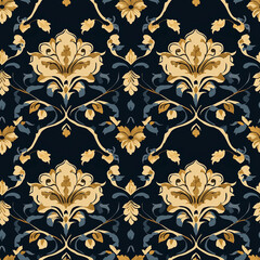 Elegant floral pattern on a dark background, featuring intricate gold and blue designs, ideal for textiles or wallpaper.