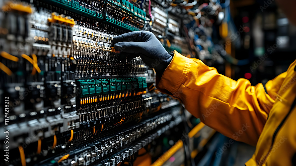 Poster technician works on a complex electrical panel, adjusting controls and monitoring system performance