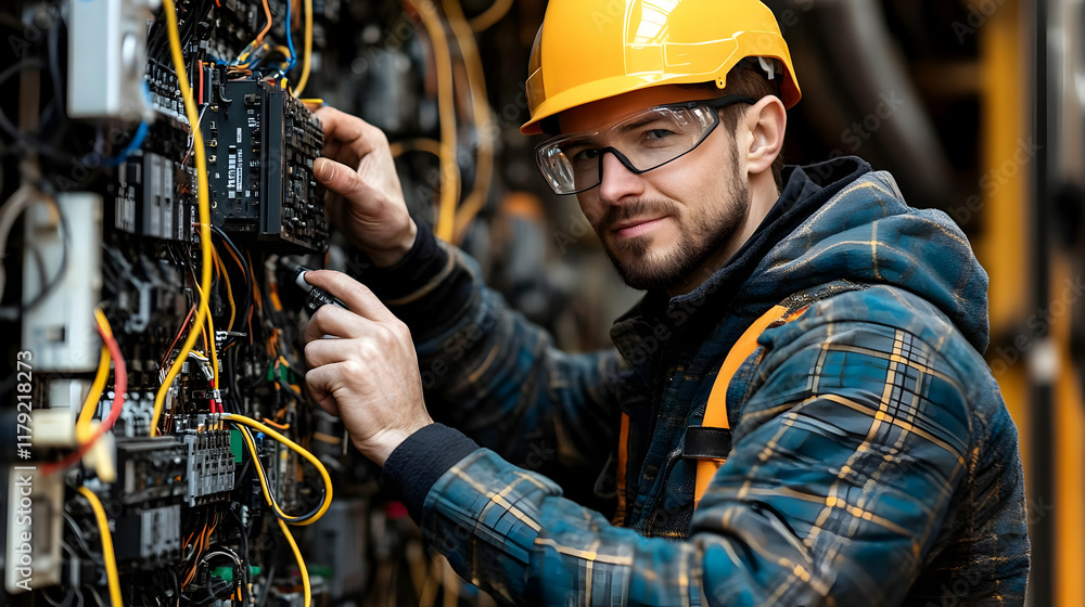 Poster electrician checks wiring in control panel, ensuring safety and functionality in industrial setting.