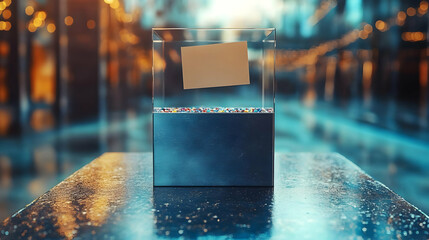 Glass Donation Box Filled with Colorful Chips and a Blank Card on a Reflective Surface