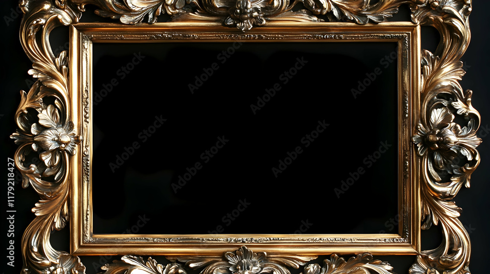 Poster ornate gold frame displays empty space with intricate details and elegant design on a black backgrou