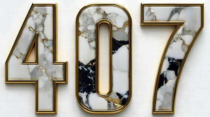 Luxury Marble and Gold Number 407 on Textured White Background.