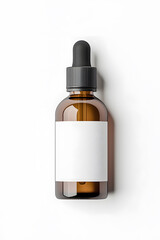 Fototapeta premium Amber glass dropper bottle with black cap mock up isolated on white background
