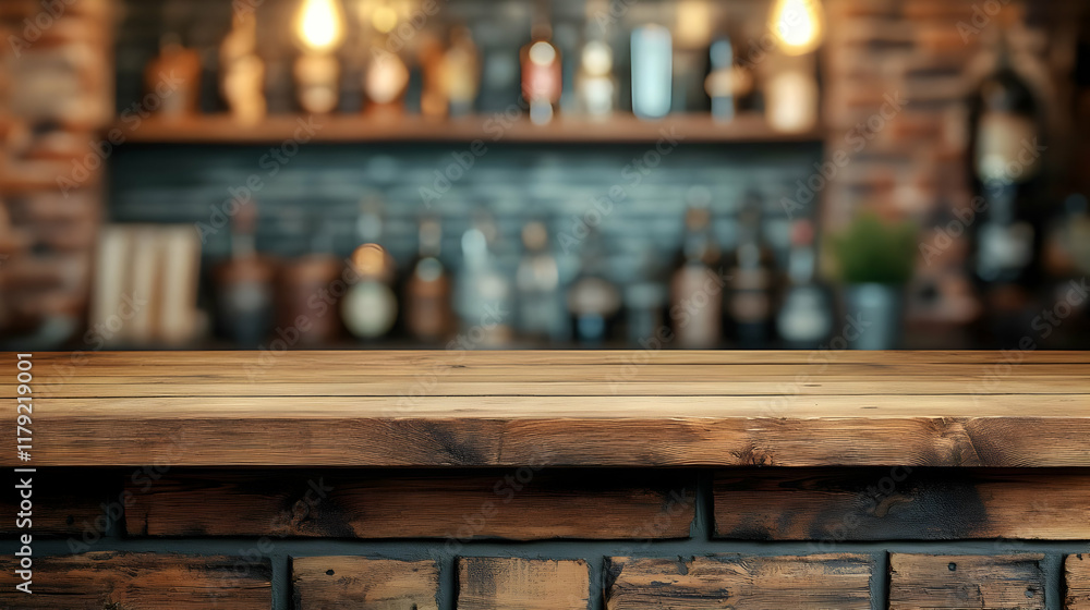 Poster empty wooden table top with blurred bar background creates a rustic scene for product placement