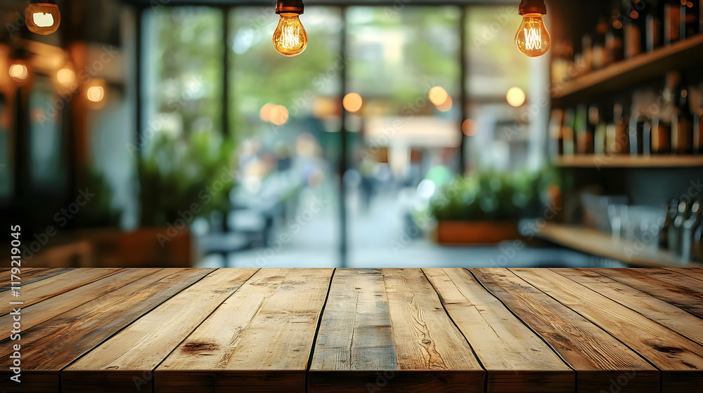 Poster empty wooden table top with blurred cafe background creates rustic and inviting atmosphere for produ