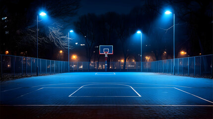 Empty Outdoor Basketball Court Illuminated by Bright Lights at Night