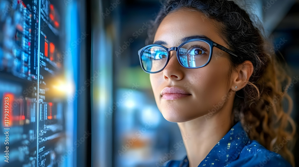 Poster woman observes digital screen displaying complex data and information in modern control center.