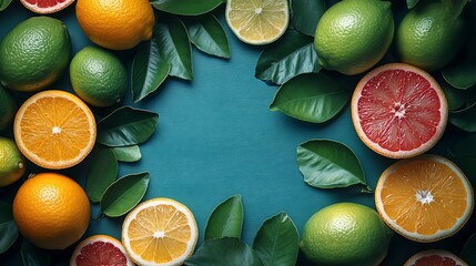 Vibrant Citrus Fruits and Lush Greenery on Teal Background