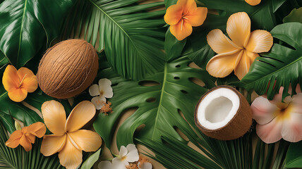 A tropical scene with a variety of flowers and a coconut