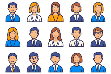 Icons for profile pictures bundle, different male and female characters user avatars in cartoon black vector line art on white background