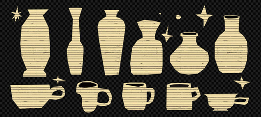 Vintage  paper elements with ceramic vase, cup, sparkle and star details. Naive collage style transparent background at the png, grid texture, and childish cutouts.