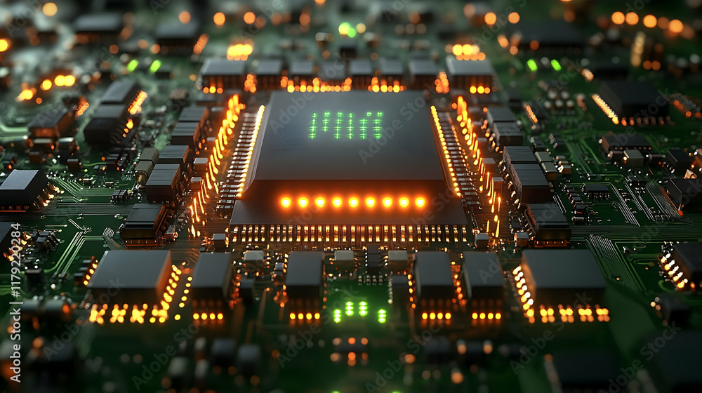 Poster 3d rendered circuit board with glowing cpu and components, highlighting technological advancements.