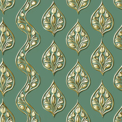 Elegant leaf pattern in gold and teal, featuring intricate designs that add a touch of sophistication to any space.