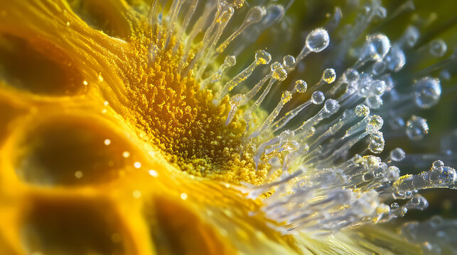 Detailed view of pollen inside a blooming sunflower