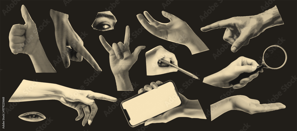 Wall mural set of hands gestures at the popart style and halftone effect on the transparent grid background. tr