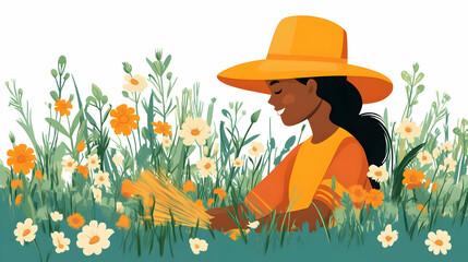 Woman in a Hat Gathers Flowers in a Field, an Illustration of Summer Bliss with Vibrant Colors and Joyful Mood.