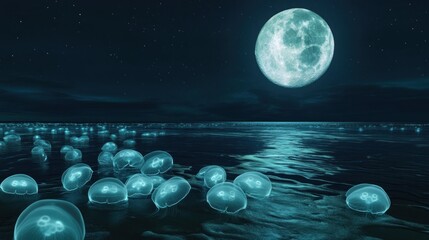 Moonlit ocean with bioluminescent jellyfish.
