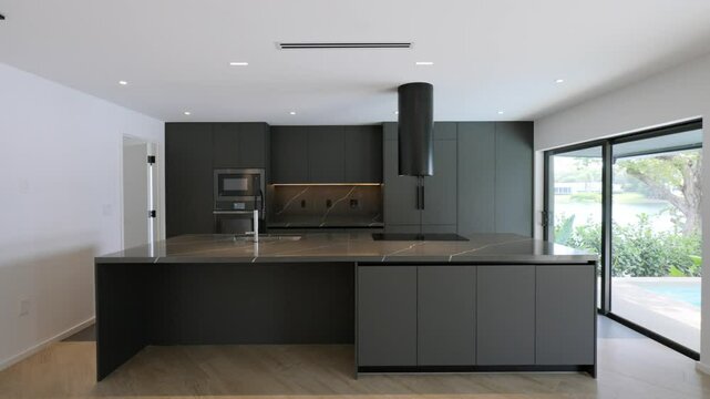 Well appointed kitchen in dark grey colour with marble worktops and recessed lighting. Cooking area on ground floor of house has panoramic windows and access to courtyard