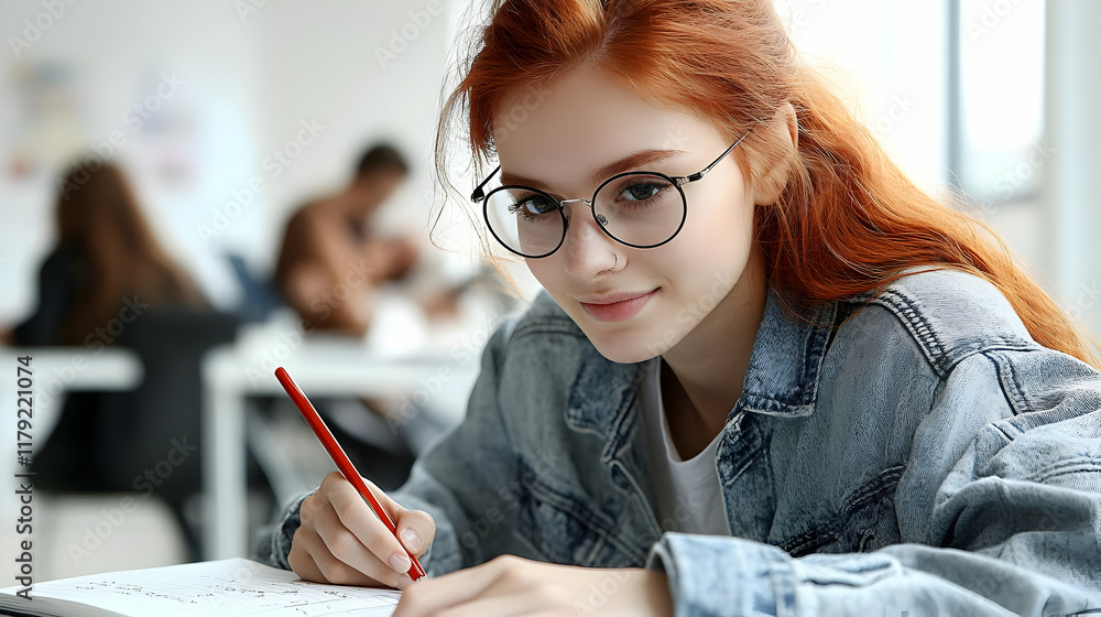 Poster redhead student writes in notebook, focused and diligent in classroom setting during lecture
