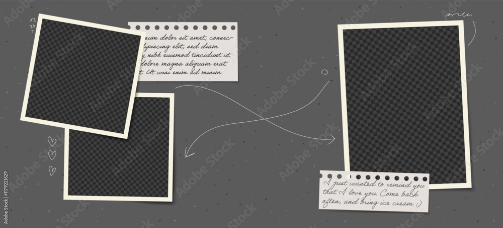 Poster frame photo collage with arrow and heart elements. vintage vector template featuring cement wall bac