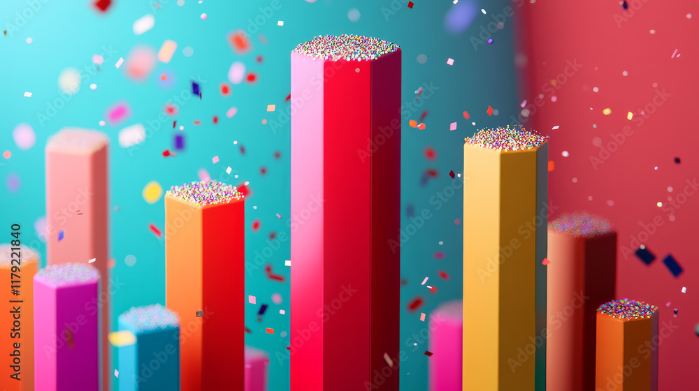 Poster two colorful fluctuating bar graphs viewed from a high angle, one in red and one multicolored with s