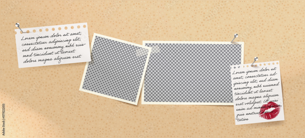Poster photo frame template with kiss note design. retro scrapbook collage featuring paper border and squar