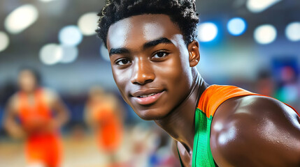 Young Athlete Smiles Confidently on the Court Before a Big Game with Determination and Focus