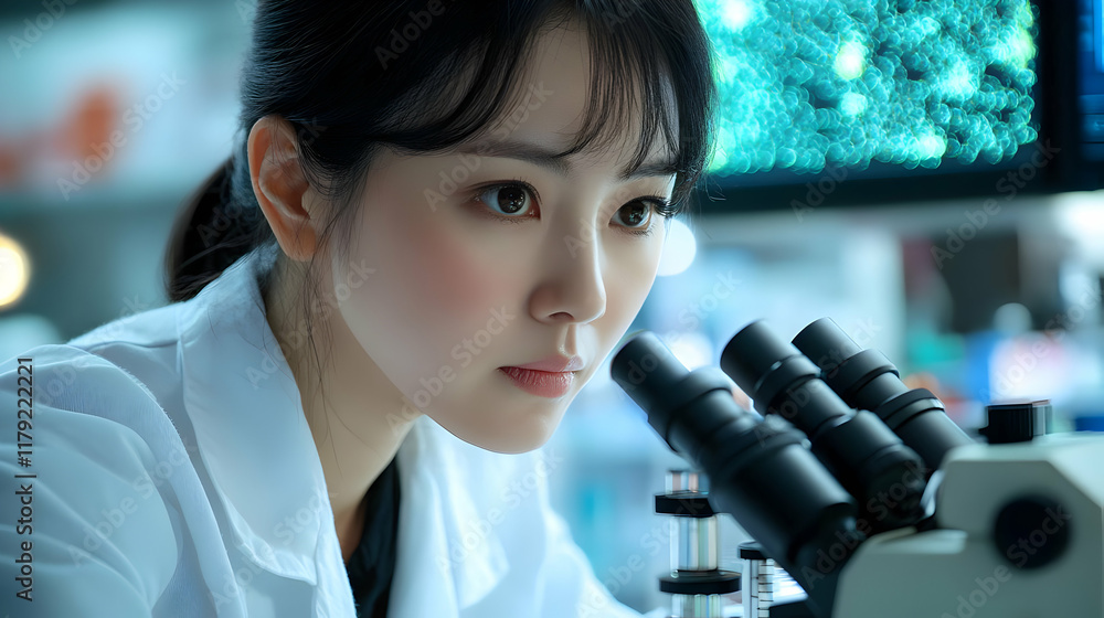 Poster scientist observes cells under microscope in modern laboratory with futuristic display