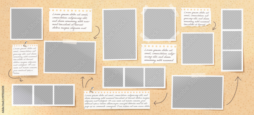 Aufkleber Photo frame collage with paper note and arrow element. Retro scrapbook design with vector image layout, featuring a board background and square shape.