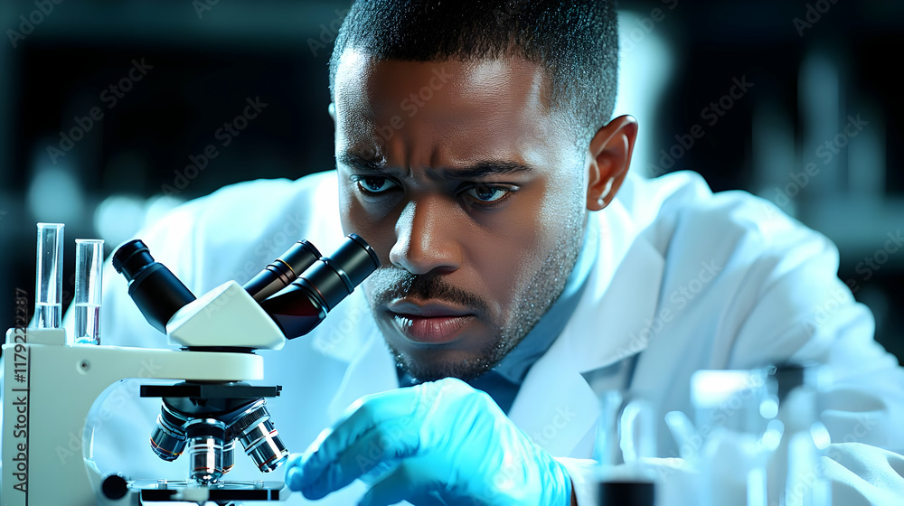 Poster scientist examines samples using microscope in lab, conducts research on cells carefully and precise