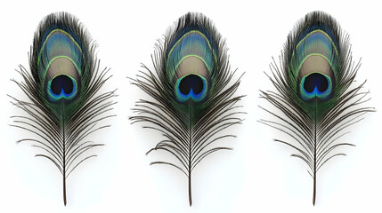 Obraz premium Three Vibrant Peacock Feathers Displayed on a Clean White Backdrop.
