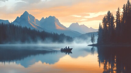 Fototapeta premium Serene sunrise over misty lake with mountain range and boat.