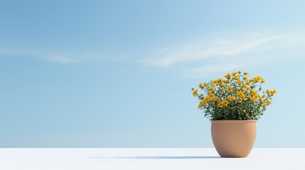 Vibrant Yellow Flowers in a Simple Pot Against Sky