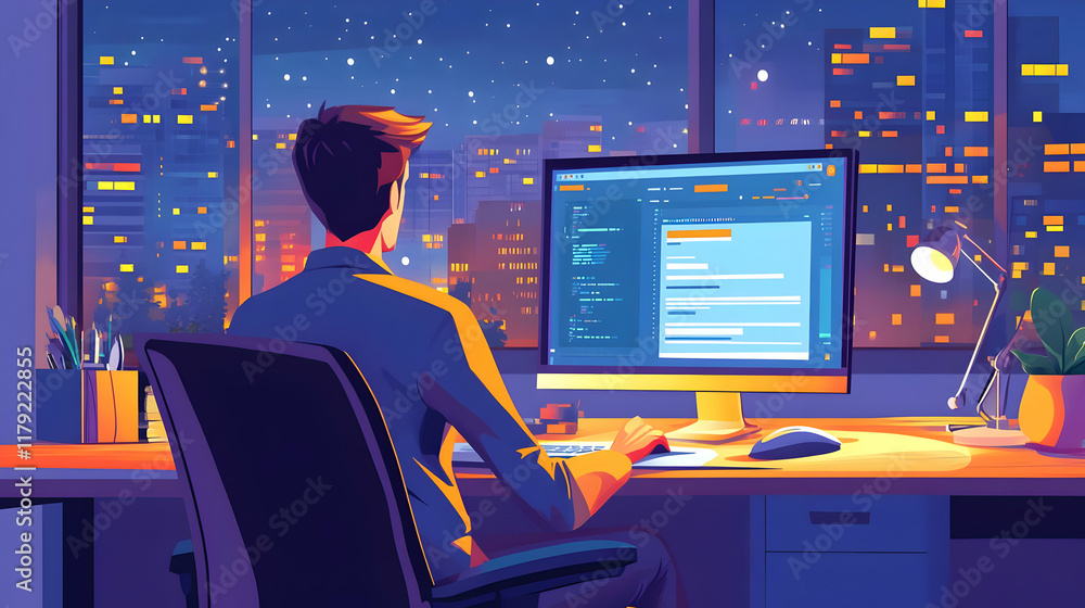 Poster man works on computer code at night with city view