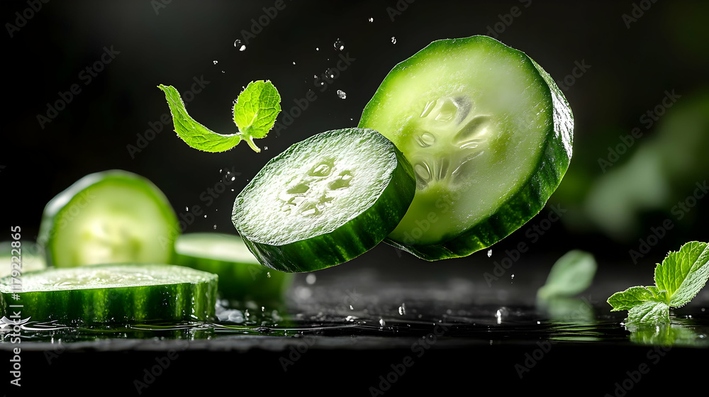 Poster fresh cucumber slices and mint leaves splash dynamically on a wet black surface, creating a refreshi