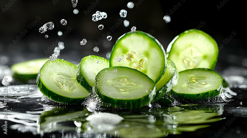 Poster fresh cucumber slices splashed with water on a dark reflective surface