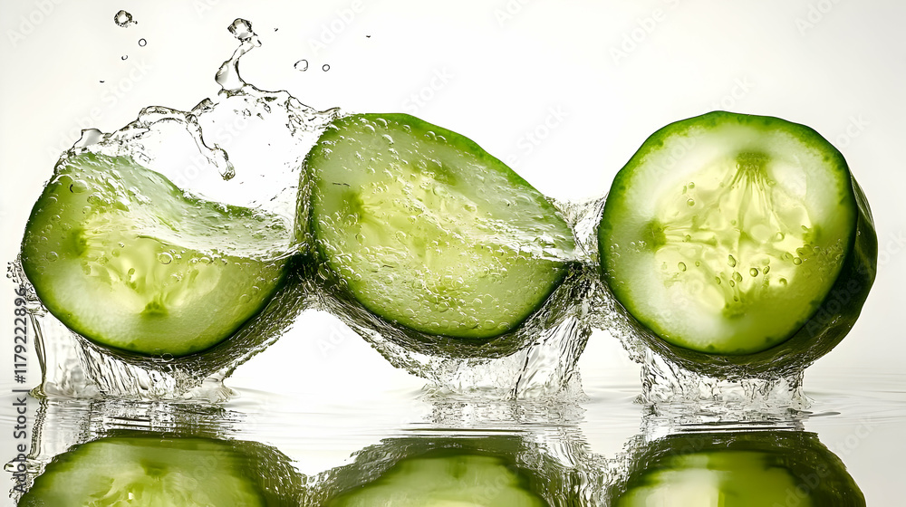 Poster three cucumber slices splashing in water with reflection beautifully on a white background