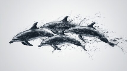 Fototapeta premium Four dolphins leap from water, creating a splash.