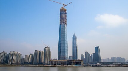 Obraz premium Tall skyscraper under construction near river.
