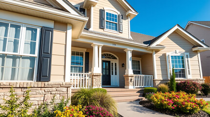 Obraz premium Beige two-story house with white columns, dark shutters, and landscaping. The home features multiple windows, a front porch, and a stone base. The scene is brightly lit, with a clear blue sky.