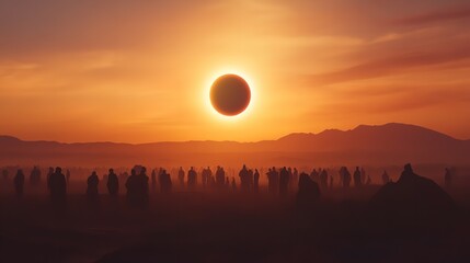 total solar eclipse seen from a desert location, with spectators gathered under the clear sky to witness the celestial event
