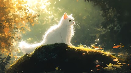 Majestic wild cat gazing into the distance in an open field, with wildflowers scattered across the landscape style book illustration