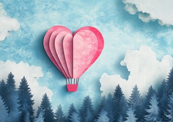 Obraz premium Paper art-style Valentine's Day background with a heart-shaped hot air balloon flying in the sky, trees, and clouds on a blue pastel-colored background. design for holiday celebration, love concept